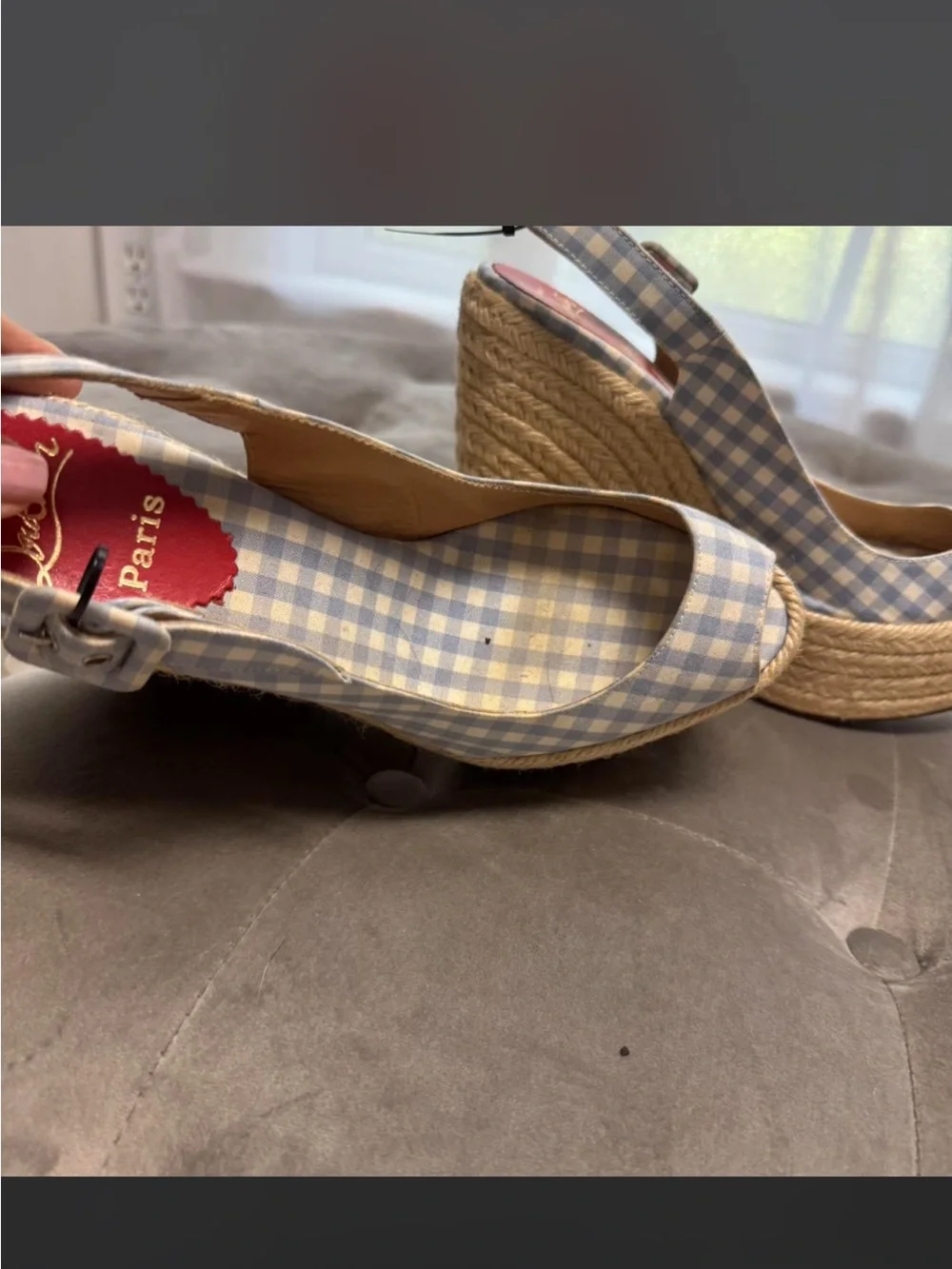 Christian Louboutin Gingham Wedge Espadrille Sandals - Light Blue/White